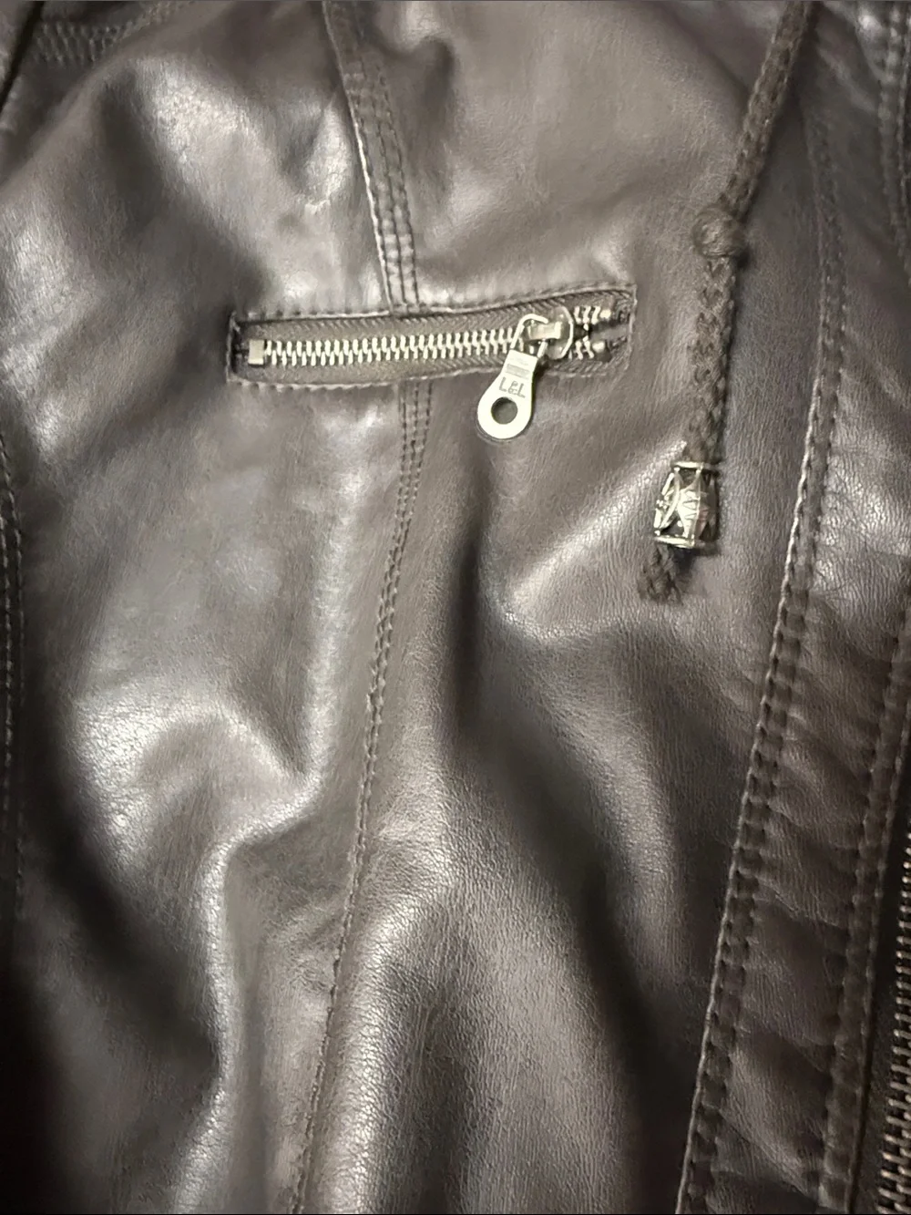 Kids Hooded Faux Leather Jean-Style Jacket in Dark Brown